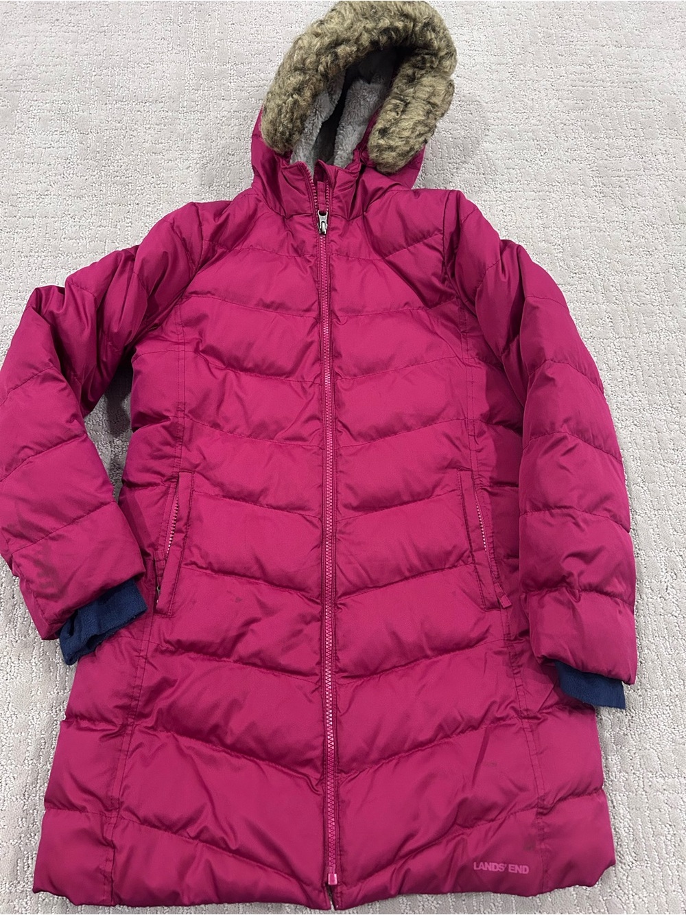Lands' End Girls' Magenta Hooded Puffer Coat with Faux-Fur Trim